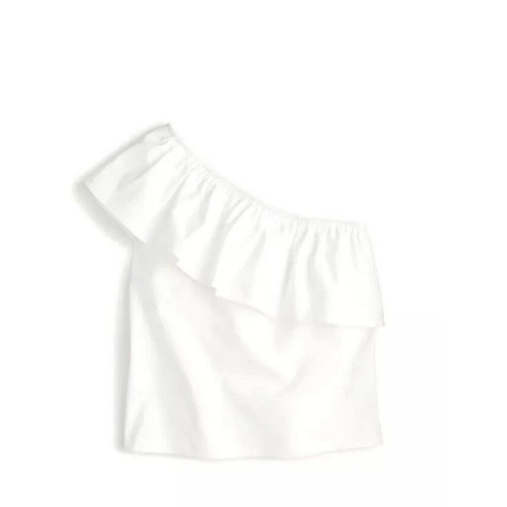 NWT J Crew White 100% Cotton One-Shoulder Top w/ Ruffle Trim, Size XS